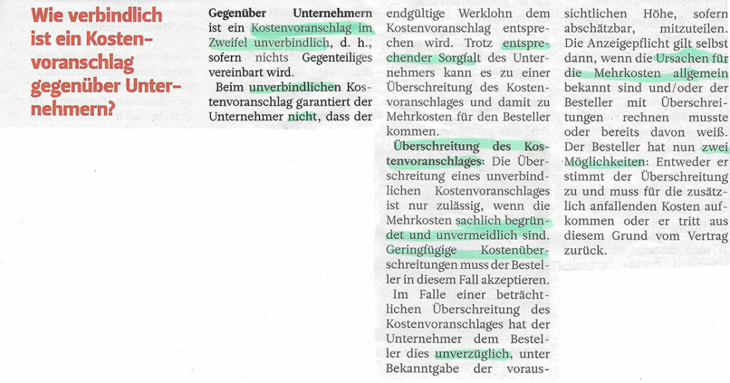 Kostenvoranschläge gegenüber Unternehmern Artikel der WKO