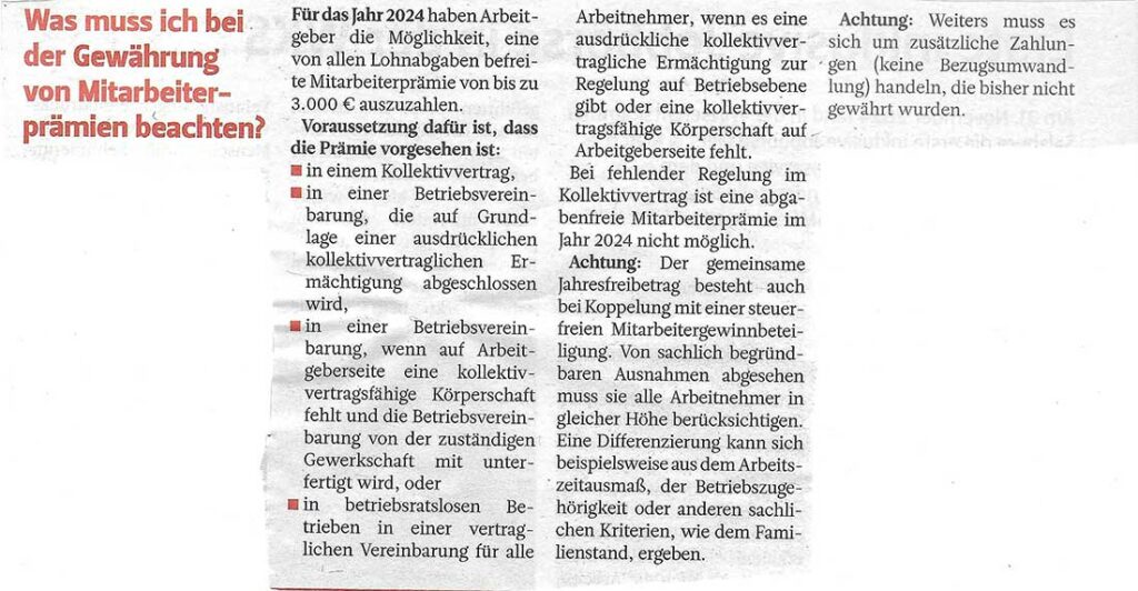 Gewährung von Mitarbeiterprämien